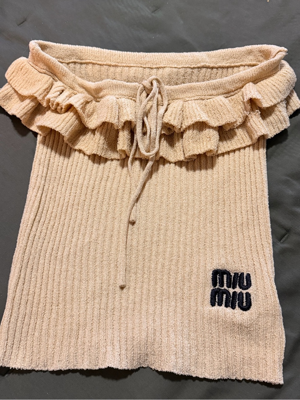 Miu Miu Cream Ribbed Knit Skirt with Ruffle Waist